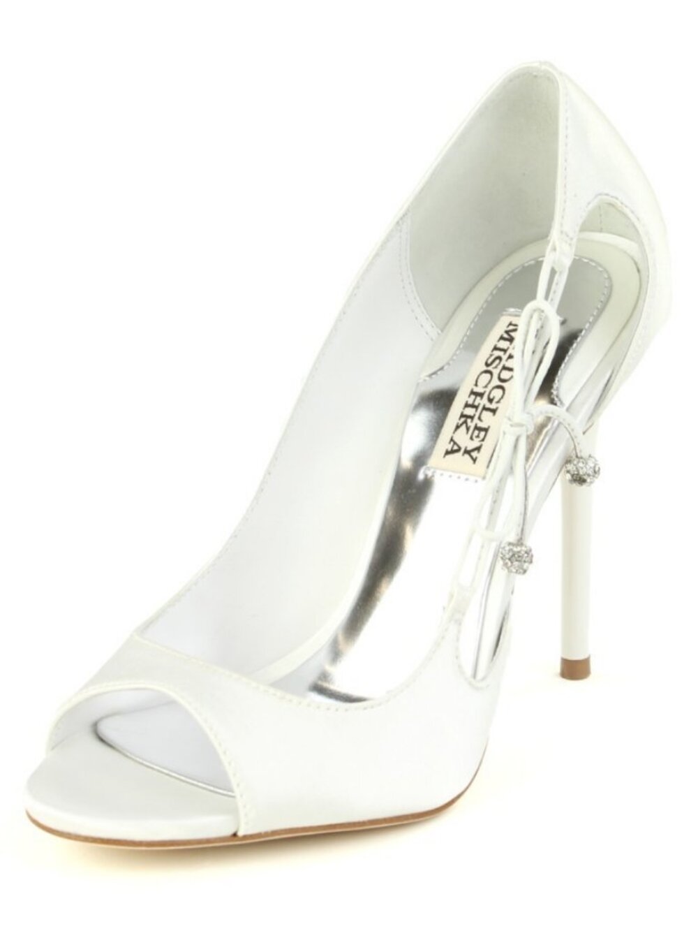 Badgley Mischka Wanda White Satin Crystal Bow Open Toe Wedding Pumps Size 10